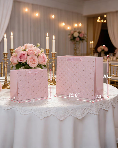 2PCS Pink Gift Bags with Handles and Tissue Paper, Luxury Design Valentine bolsas de regalo, 12.6" Large & 9" Medium Size Gift Bags for Baby Shower/Mothers Day/Wedding/Pink Party, Birthday Gift Bag for Women/Girl