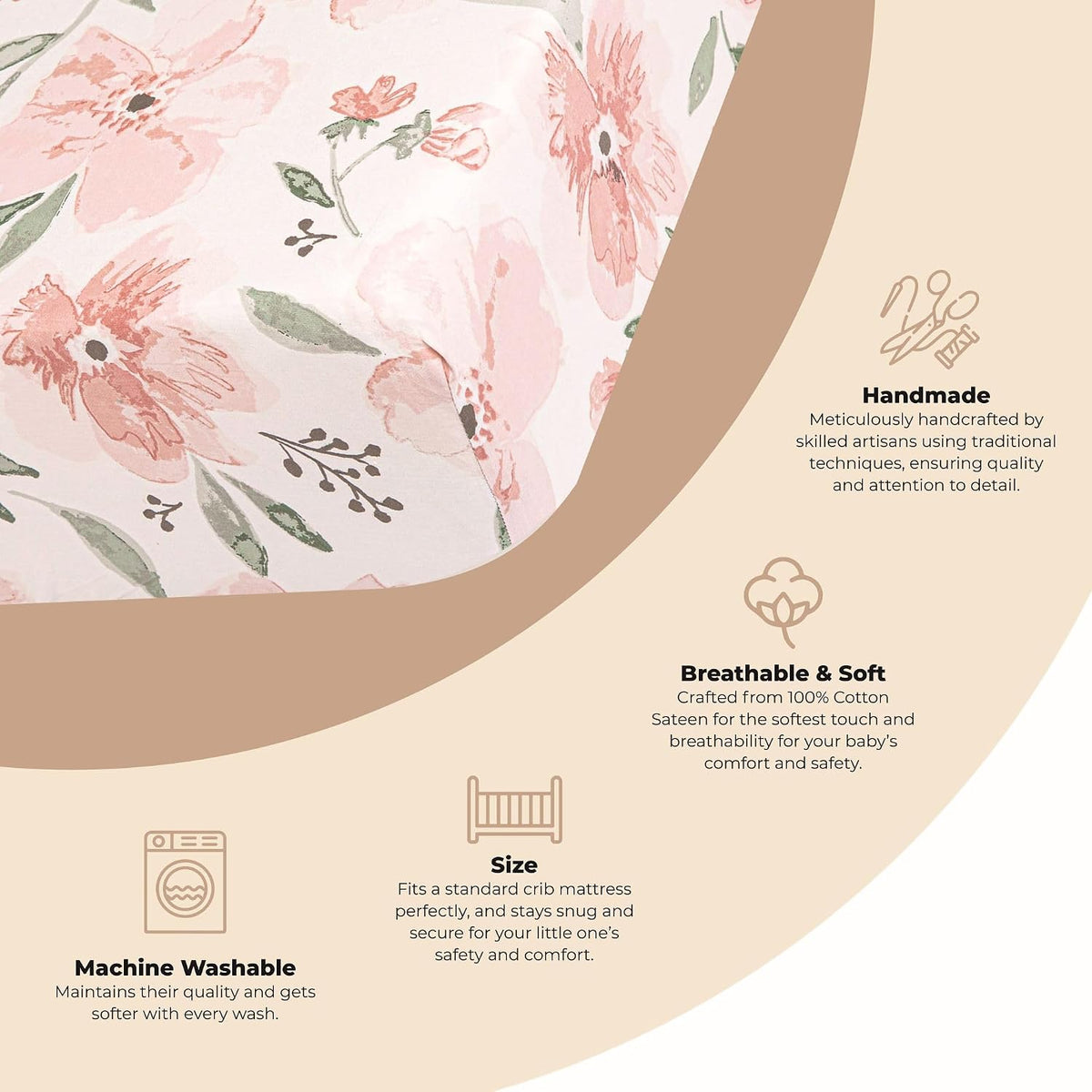 Floral Crib Sheets, 100% Cotton, Breathable Baby Bedding for Standard Mattress, Pink Nursery Decor, Machine Washable Pink Floral Crib, Toddler Sheets