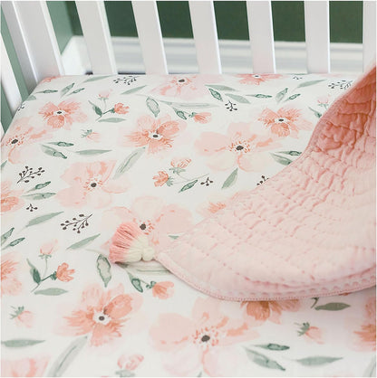 Floral Crib Sheets, 100% Cotton, Breathable Baby Bedding for Standard Mattress, Pink Nursery Decor, Machine Washable Pink Floral Crib, Toddler Sheets