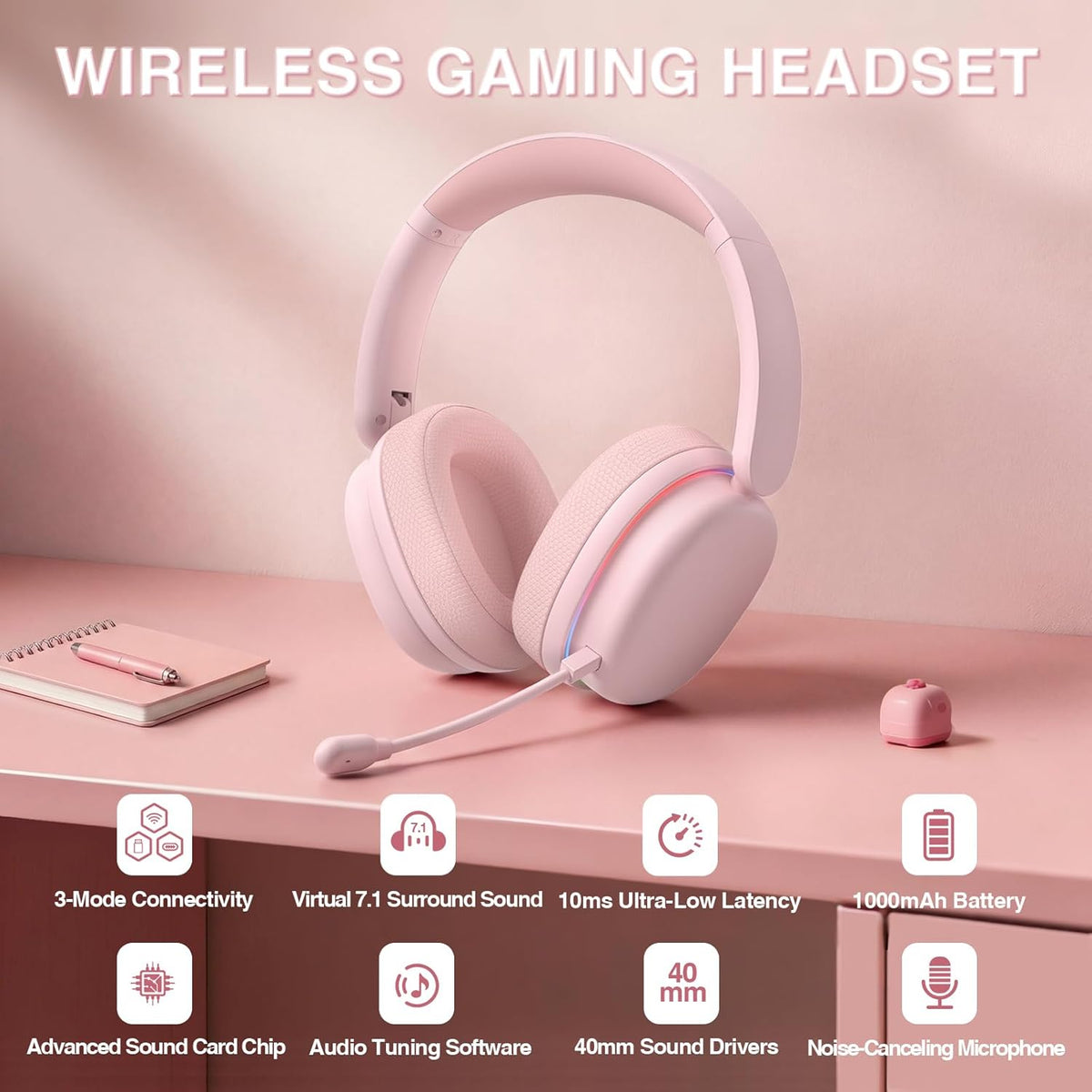 G7 Pro Wireless Gaming Headset with 7.1 Surround Sound, 40mm Driver,BT5.3 Gaming Headphones with Mic, RGB, 10ms Latency, 65H Battery,Pink Gaming Headset for PS5,PS4, Switch,PC,Wired Mode for Xbox