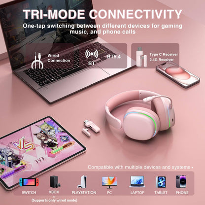G7 Pro Wireless Gaming Headset with 7.1 Surround Sound, 40mm Driver,BT5.3 Gaming Headphones with Mic, RGB, 10ms Latency, 65H Battery,Pink Gaming Headset for PS5,PS4, Switch,PC,Wired Mode for Xbox