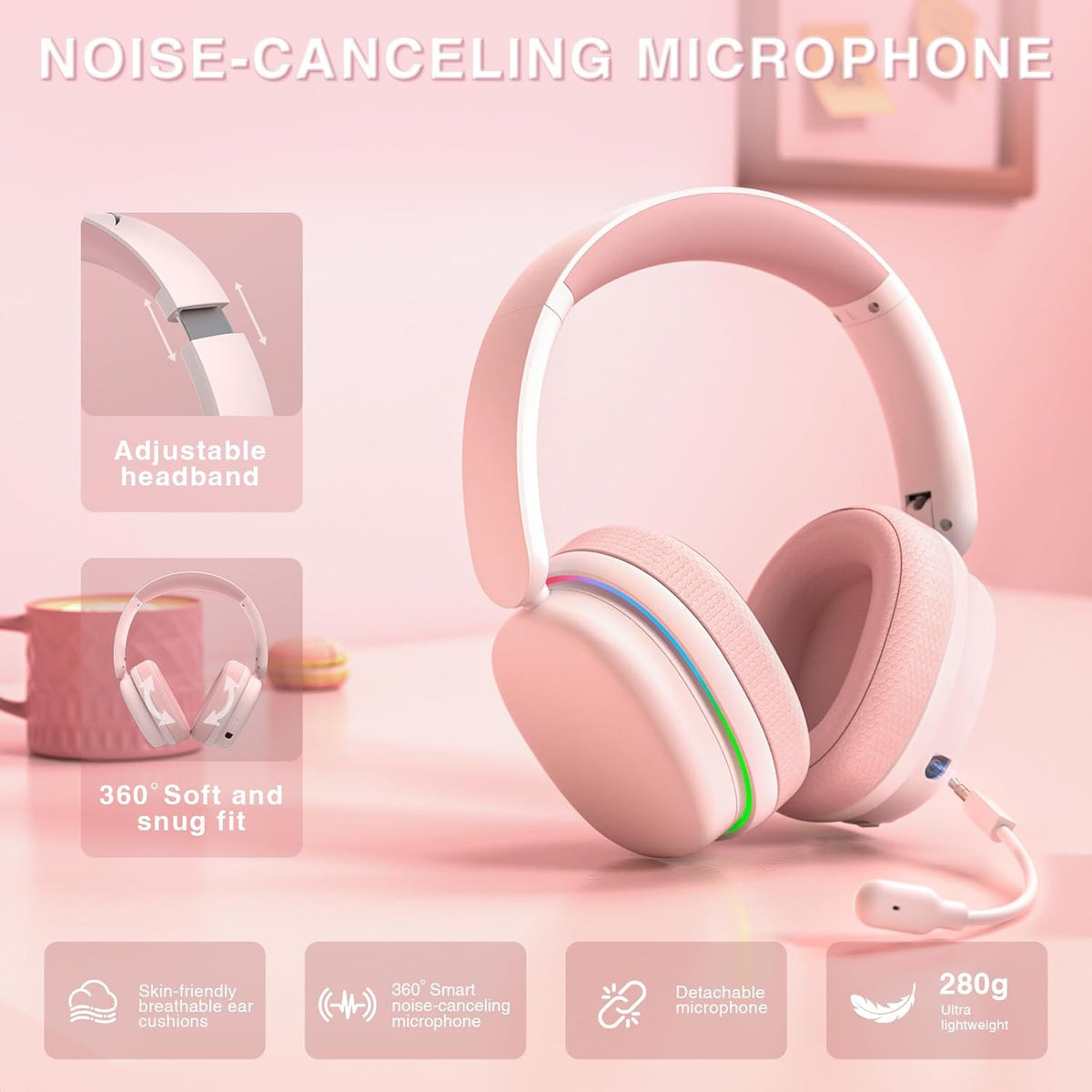 G7 Pro Wireless Gaming Headset with 7.1 Surround Sound, 40mm Driver,BT5.3 Gaming Headphones with Mic, RGB, 10ms Latency, 65H Battery,Pink Gaming Headset for PS5,PS4, Switch,PC,Wired Mode for Xbox
