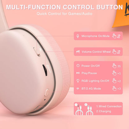 G7 Pro Wireless Gaming Headset with 7.1 Surround Sound, 40mm Driver,BT5.3 Gaming Headphones with Mic, RGB, 10ms Latency, 65H Battery,Pink Gaming Headset for PS5,PS4, Switch,PC,Wired Mode for Xbox