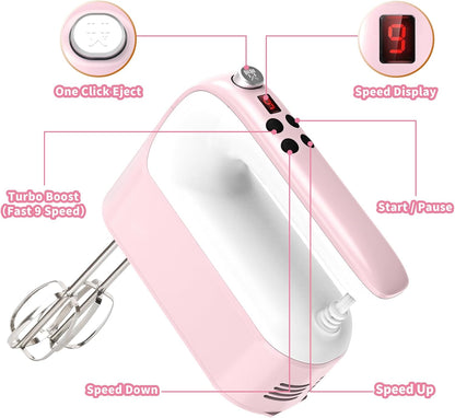 9-Speed Digital Hand Mixer Electric, 400W Powerful DC Motor, Hand Mixer Electric Handheld with Snap-On Storage Case, 5 Stainless Steel Accessories, Beaters, Dough Hooks, Whisk(Pink/White)