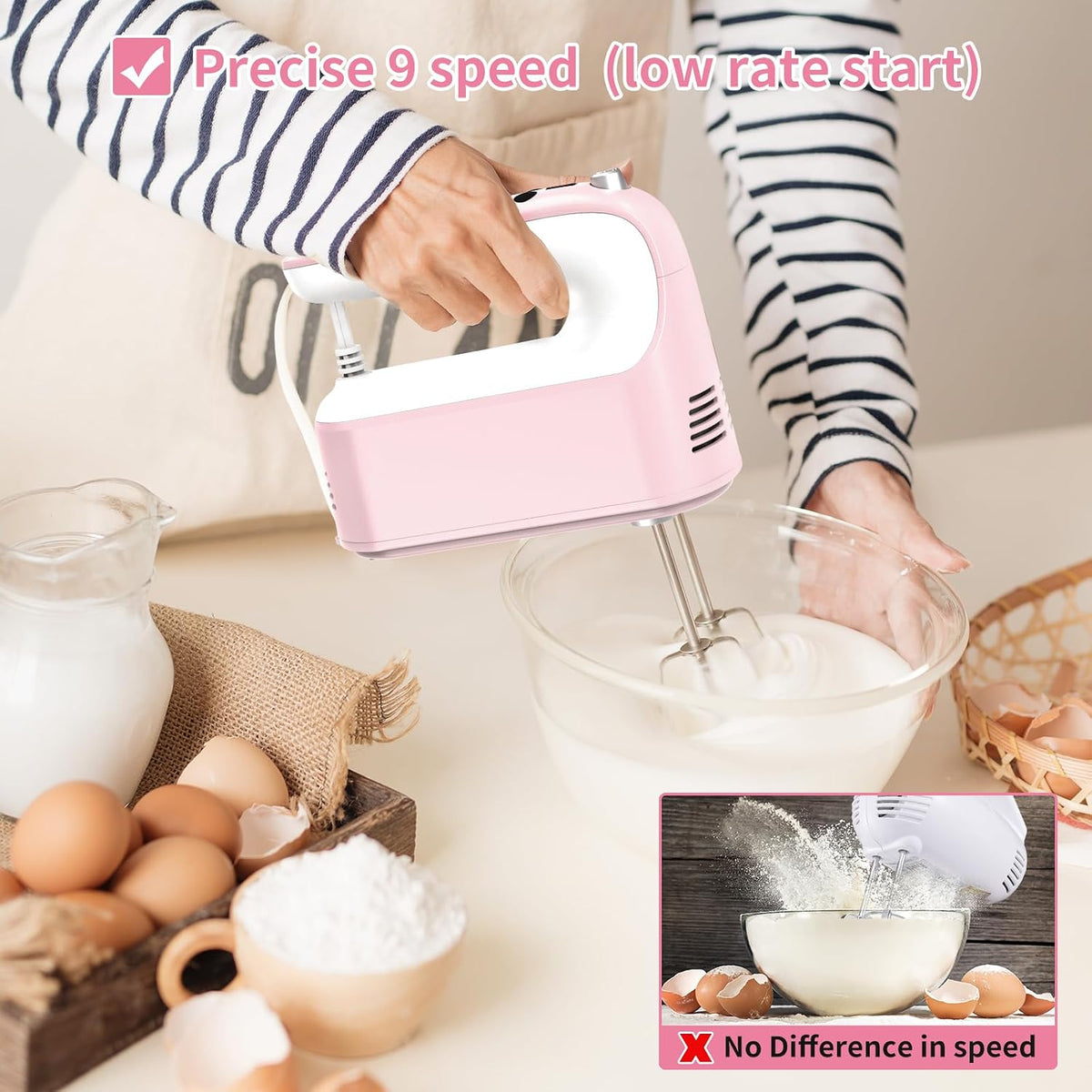 9-Speed Digital Hand Mixer Electric, 400W Powerful DC Motor, Hand Mixer Electric Handheld with Snap-On Storage Case, 5 Stainless Steel Accessories, Beaters, Dough Hooks, Whisk(Pink/White)