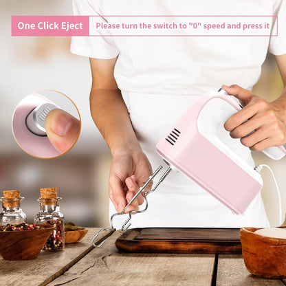 9-Speed Digital Hand Mixer Electric, 400W Powerful DC Motor, Hand Mixer Electric Handheld with Snap-On Storage Case, 5 Stainless Steel Accessories, Beaters, Dough Hooks, Whisk(Pink/White)