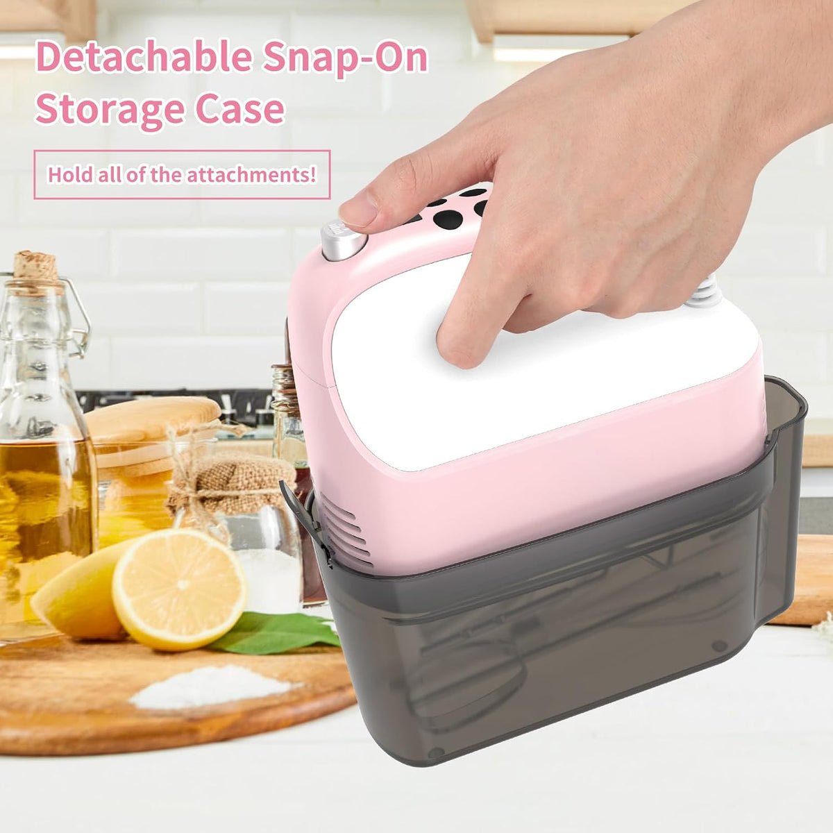 9-Speed Digital Hand Mixer Electric, 400W Powerful DC Motor, Hand Mixer Electric Handheld with Snap-On Storage Case, 5 Stainless Steel Accessories, Beaters, Dough Hooks, Whisk(Pink/White)