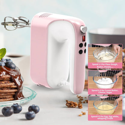9-Speed Digital Hand Mixer Electric, 400W Powerful DC Motor, Hand Mixer Electric Handheld with Snap-On Storage Case, 5 Stainless Steel Accessories, Beaters, Dough Hooks, Whisk(Pink/White)