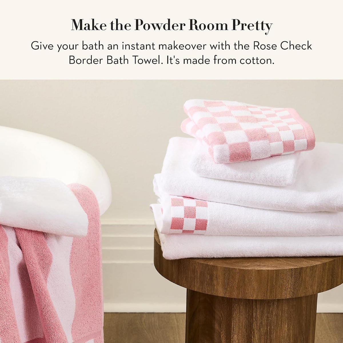 Cotton Bath Towel, Pink-and-White Rose Check Border