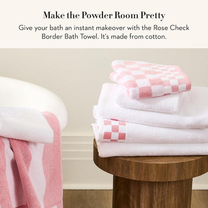 Cotton Bath Towel, Pink-and-White Rose Check Border