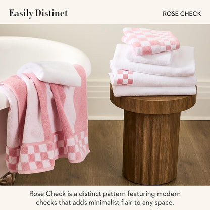 Cotton Bath Towel, Pink-and-White Rose Check Border