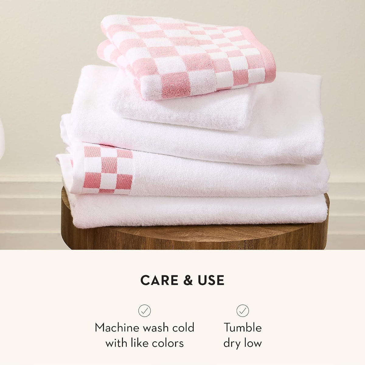 Cotton Bath Towel, Pink-and-White Rose Check Border