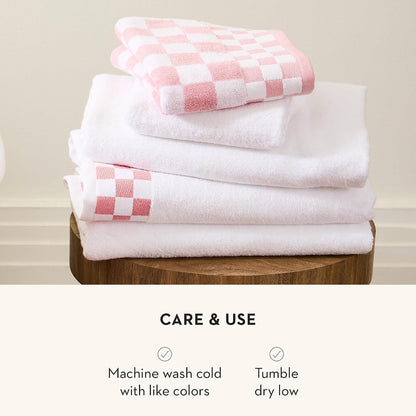 Cotton Bath Towel, Pink-and-White Rose Check Border