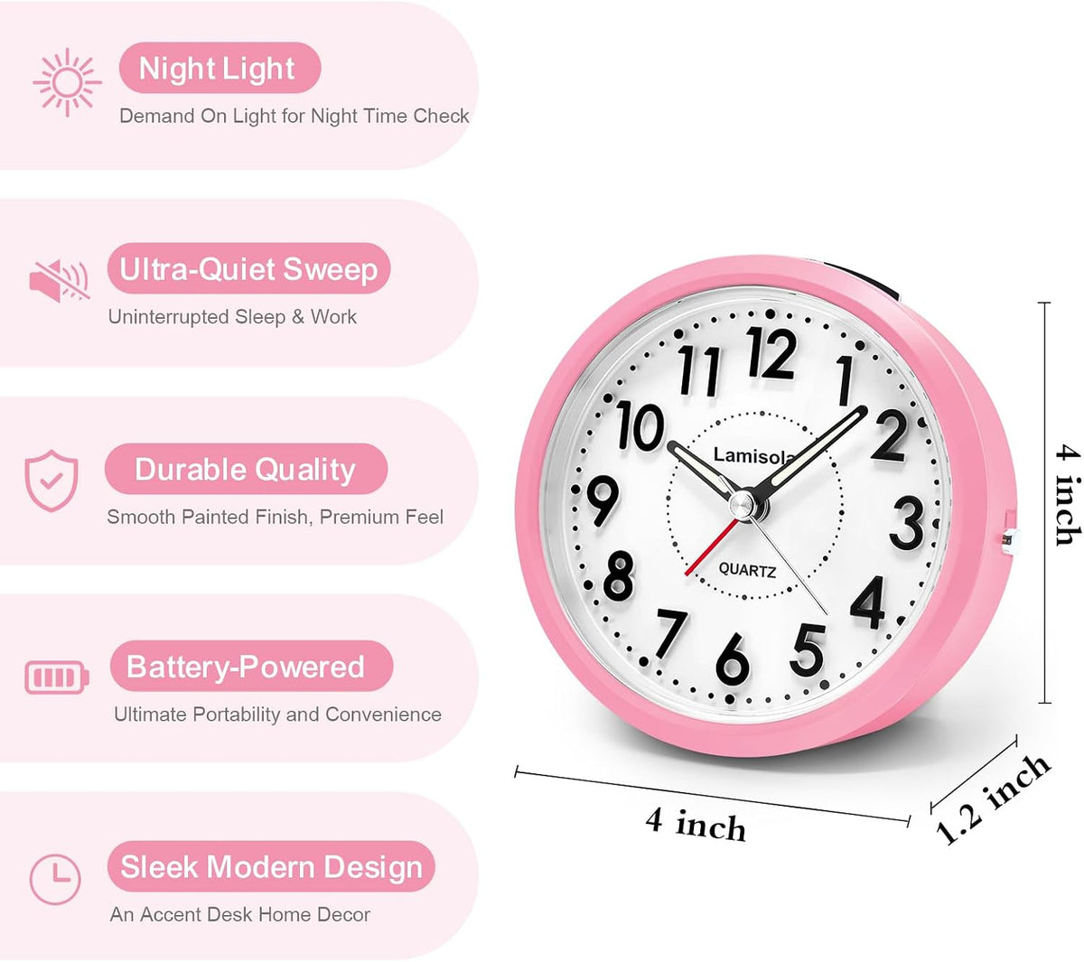 Lamisola 4 Inch for Bedrooms, Small Analog Desk Clock, Pink