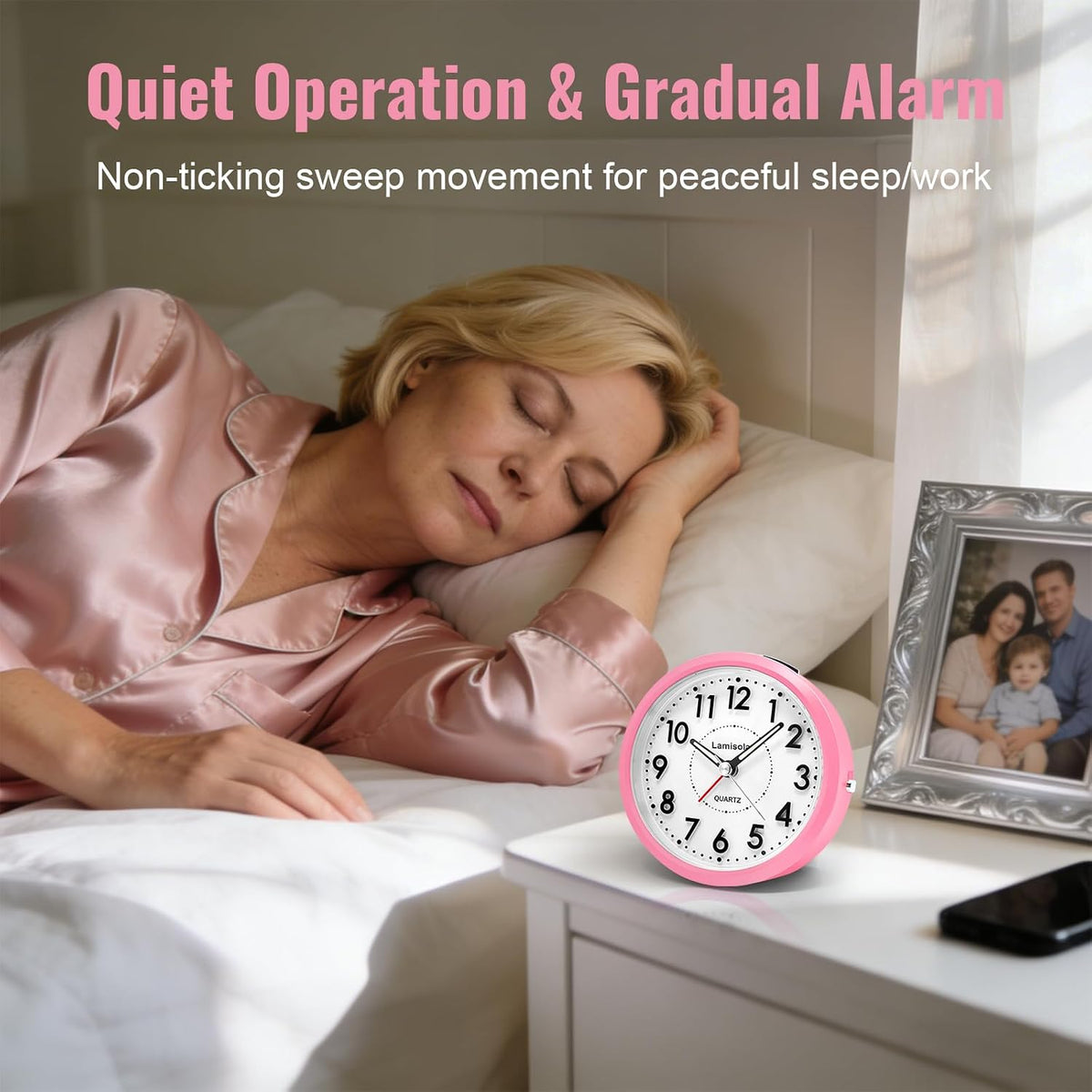 Lamisola 4 Inch for Bedrooms, Small Analog Desk Clock, Pink
