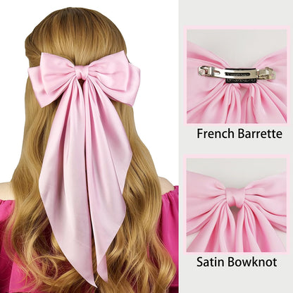 Large Pink Satin Hair Bow Clip for Women Girls Oversized Long Tail Hair Accessory for Party, Outfits, Gift for Girls, 1-Pack
