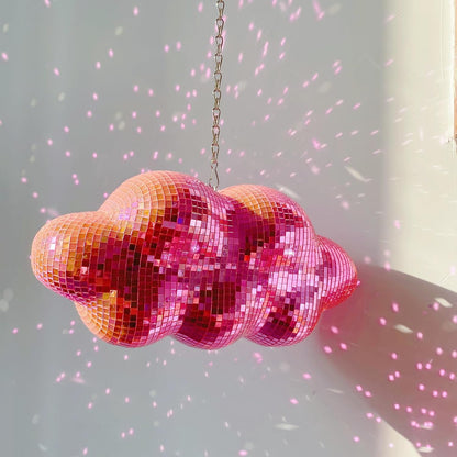 Pink Disco Ball Cloud Shaped, Hanging Disco Home Decor for Party,Room,Home, Retro Reflective Mirror Ball with Chain, Disco Ornaments, Design Patent
