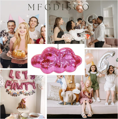 Pink Disco Ball Cloud Shaped, Hanging Disco Home Decor for Party,Room,Home, Retro Reflective Mirror Ball with Chain, Disco Ornaments, Design Patent