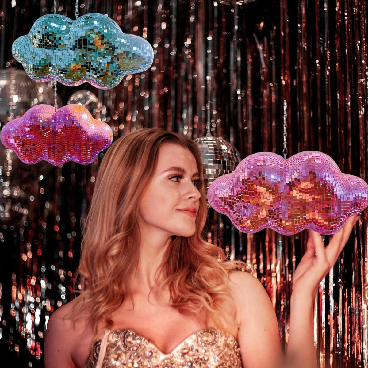 Pink Disco Ball Cloud Shaped, Hanging Disco Home Decor for Party,Room,Home, Retro Reflective Mirror Ball with Chain, Disco Ornaments, Design Patent