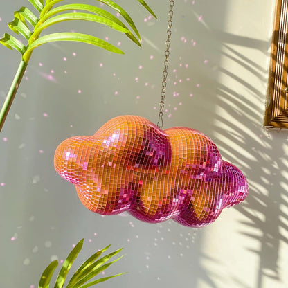 Pink Disco Ball Cloud Shaped, Hanging Disco Home Decor for Party,Room,Home, Retro Reflective Mirror Ball with Chain, Disco Ornaments, Design Patent