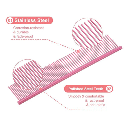Dog Cat Comb, Pet Combs Stainless Steel Teeth with Rounded Ends for Knots Mats Loose Hair Removal, 7.5IN (Pink Coated, 3 Pack), Grooming Tool Intended for Long Curly Hair Pet
