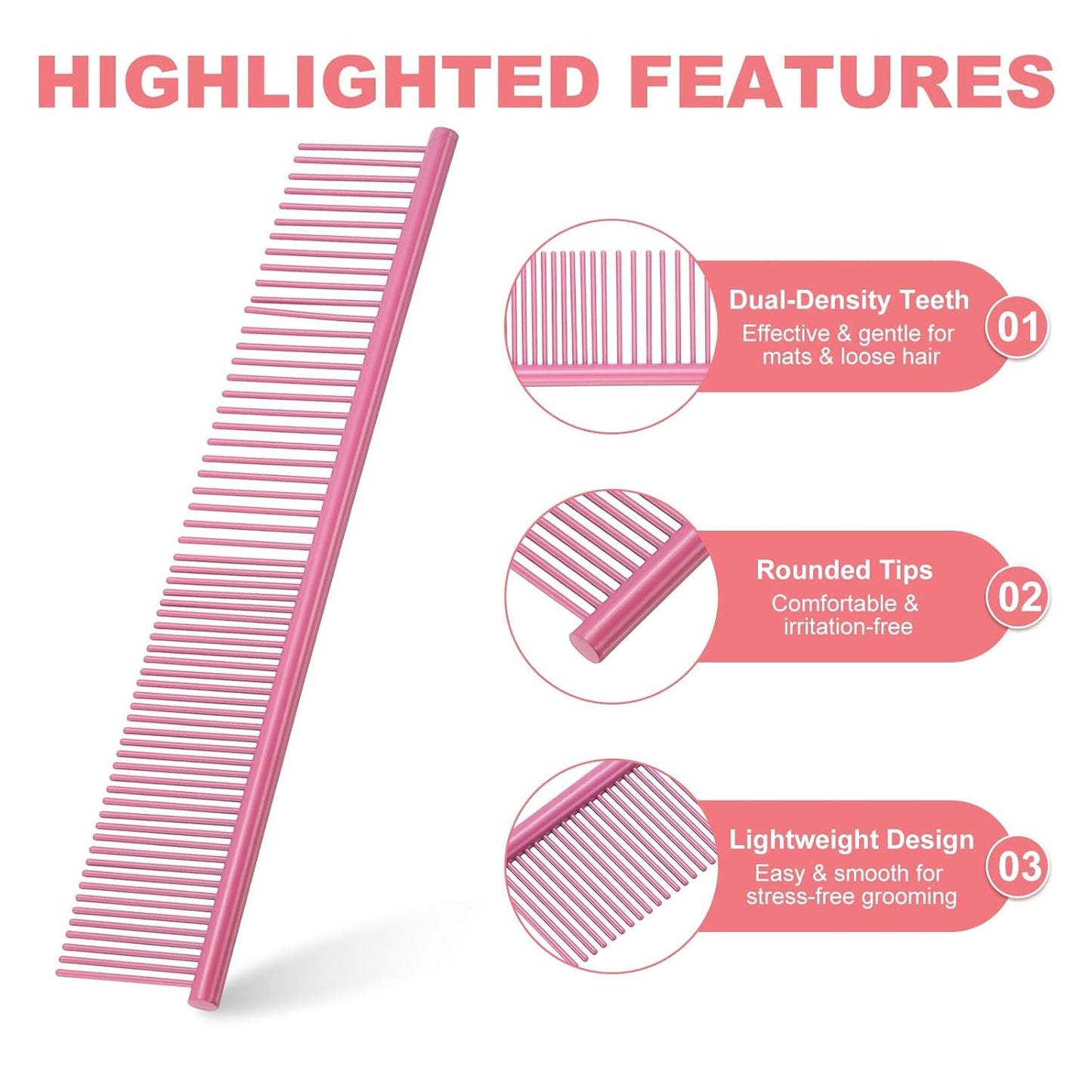 Dog Cat Comb, Pet Combs Stainless Steel Teeth with Rounded Ends for Knots Mats Loose Hair Removal, 7.5IN (Pink Coated, 3 Pack), Grooming Tool Intended for Long Curly Hair Pet