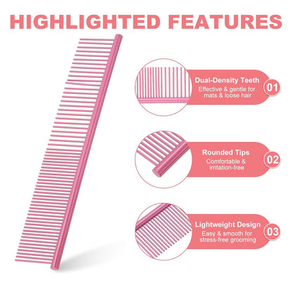 Dog Cat Comb, Pet Combs Stainless Steel Teeth with Rounded Ends for Knots Mats Loose Hair Removal, 7.5IN (Pink Coated, 3 Pack), Grooming Tool Intended for Long Curly Hair Pet