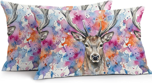 Elk Outdoor Pillow Covers 20"x12" Set of 2,Waterproof Throw Pillow Covers for Patio Furniture,Pink Purple Blue Watercolor Splashes Splatter Animal Decorative Cushion Pillowcases for Garden Couch Sofa