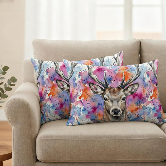 Elk Outdoor Pillow Covers 20"x12" Set of 2,Waterproof Throw Pillow Covers for Patio Furniture,Pink Purple Blue Watercolor Splashes Splatter Animal Decorative Cushion Pillowcases for Garden Couch Sofa