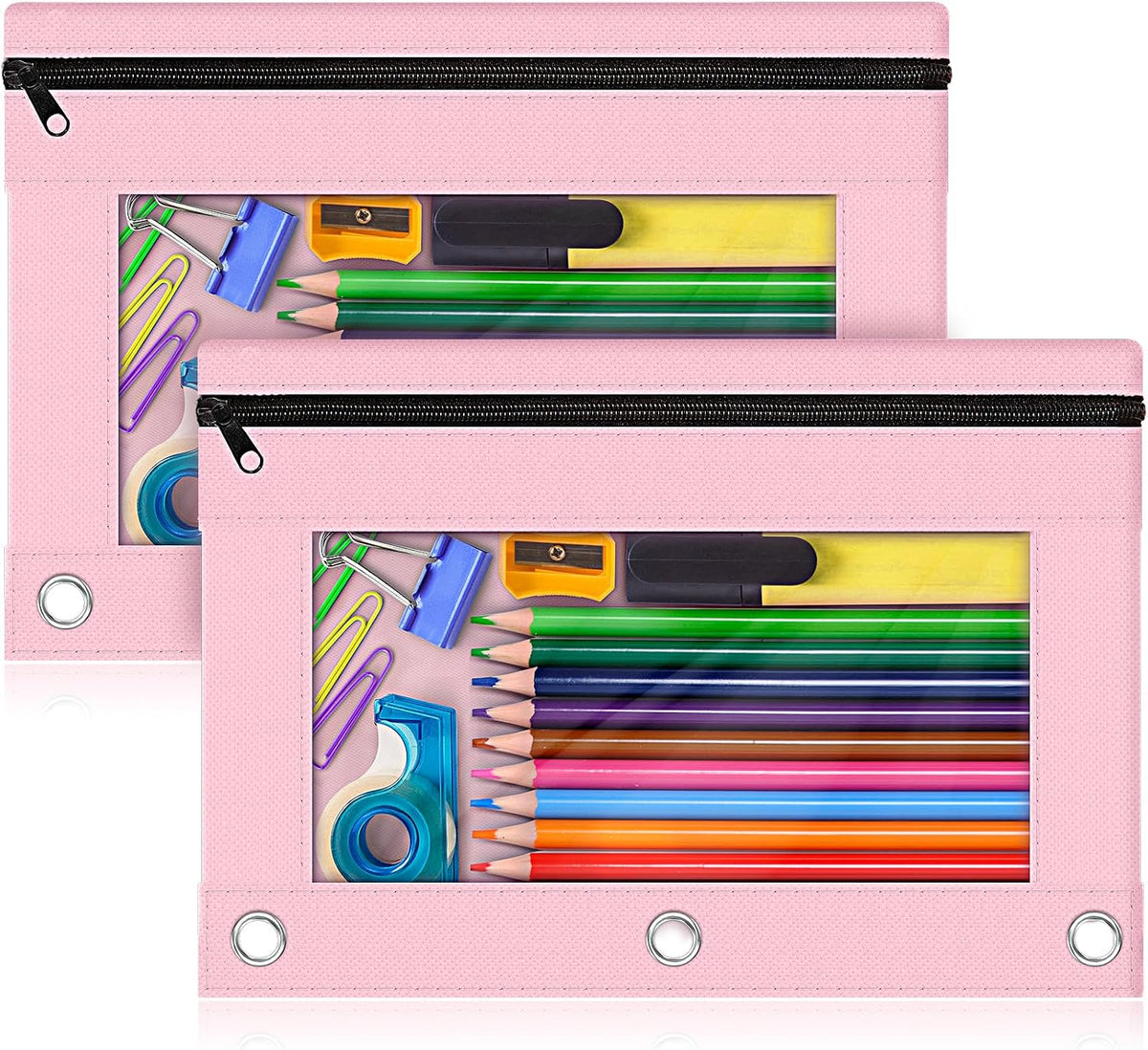 Pencil Pouch for 3 Ring Binder, 2 Pack Pencil Bags with Zipper, Pink Pencil Case for Classroom School Office Supplies, Large Sturdy and Durable Cloth Pencil Pocket for 3 Holder Binder