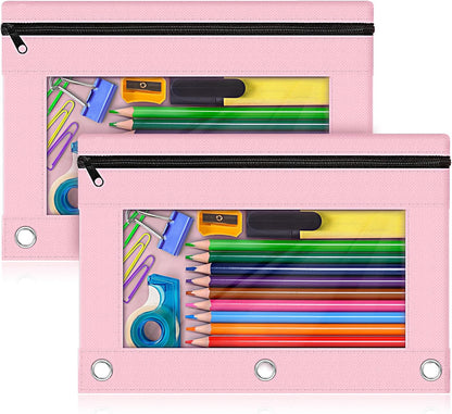Pencil Pouch for 3 Ring Binder, 2 Pack Pencil Bags with Zipper, Pink Pencil Case for Classroom School Office Supplies, Large Sturdy and Durable Cloth Pencil Pocket for 3 Holder Binder