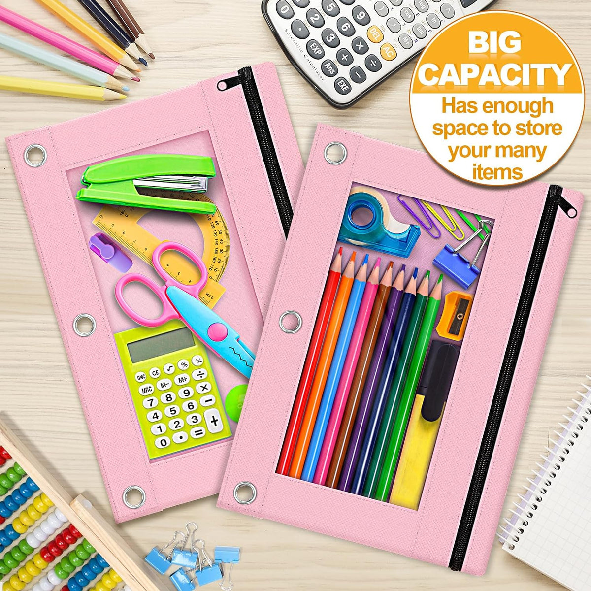 Pencil Pouch for 3 Ring Binder, 2 Pack Pencil Bags with Zipper, Pink Pencil Case for Classroom School Office Supplies, Large Sturdy and Durable Cloth Pencil Pocket for 3 Holder Binder
