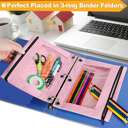 Pencil Pouch for 3 Ring Binder, 2 Pack Pencil Bags with Zipper, Pink Pencil Case for Classroom School Office Supplies, Large Sturdy and Durable Cloth Pencil Pocket for 3 Holder Binder
