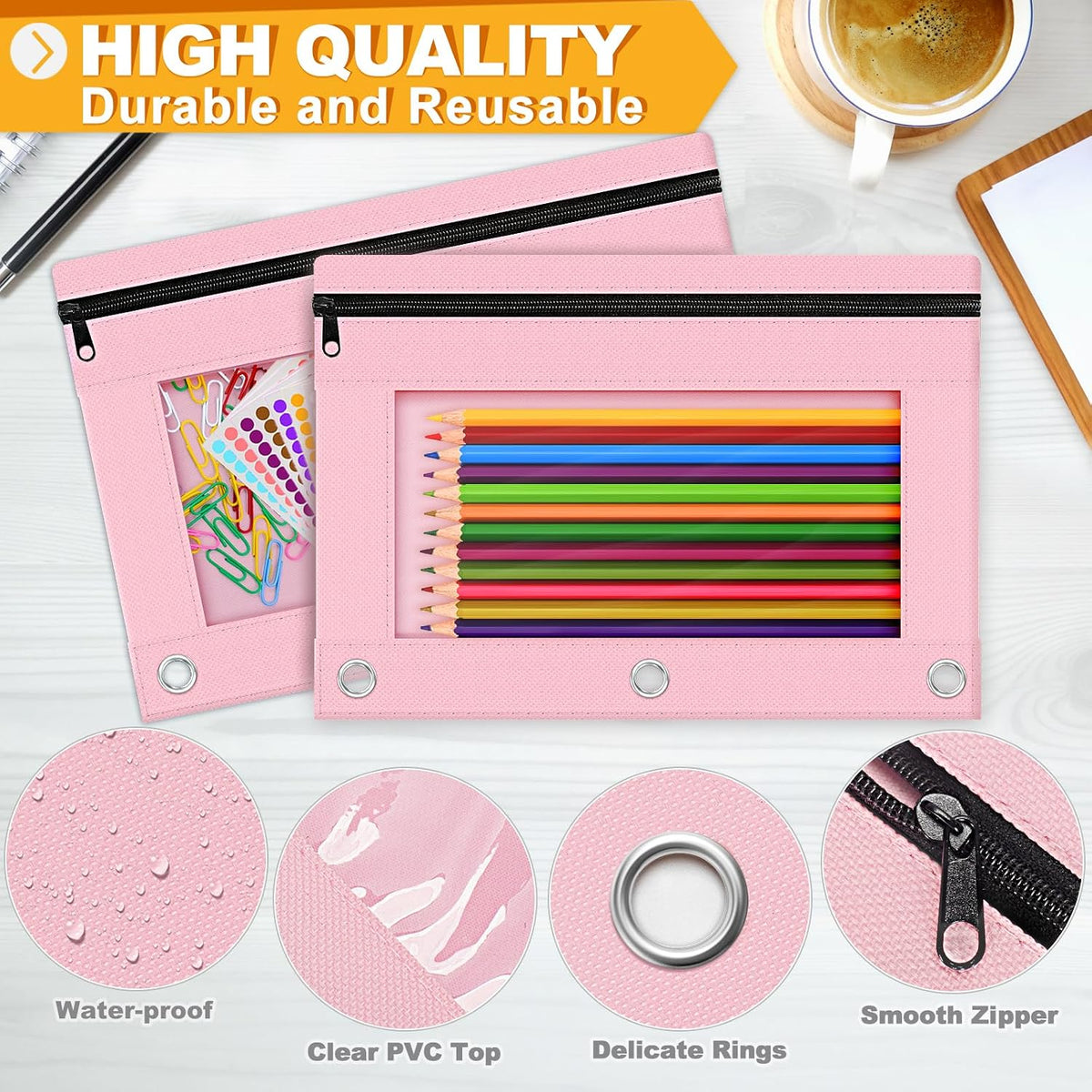 Pencil Pouch for 3 Ring Binder, 2 Pack Pencil Bags with Zipper, Pink Pencil Case for Classroom School Office Supplies, Large Sturdy and Durable Cloth Pencil Pocket for 3 Holder Binder