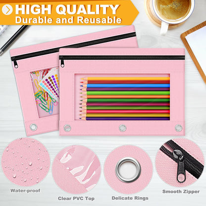 Pencil Pouch for 3 Ring Binder, 2 Pack Pencil Bags with Zipper, Pink Pencil Case for Classroom School Office Supplies, Large Sturdy and Durable Cloth Pencil Pocket for 3 Holder Binder