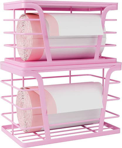 TIDIIABODE 2 Pack Pink - Stackable Garbage Bag Dispenser with Bamboo Top, Kitchen Accessories & Decor, Wall Mount Storage for Kitchen, Home, Bathroom Decor & Gifts
