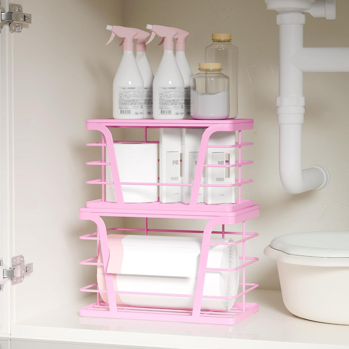 TIDIIABODE 2 Pack Pink - Stackable Garbage Bag Dispenser with Bamboo Top, Kitchen Accessories & Decor, Wall Mount Storage for Kitchen, Home, Bathroom Decor & Gifts