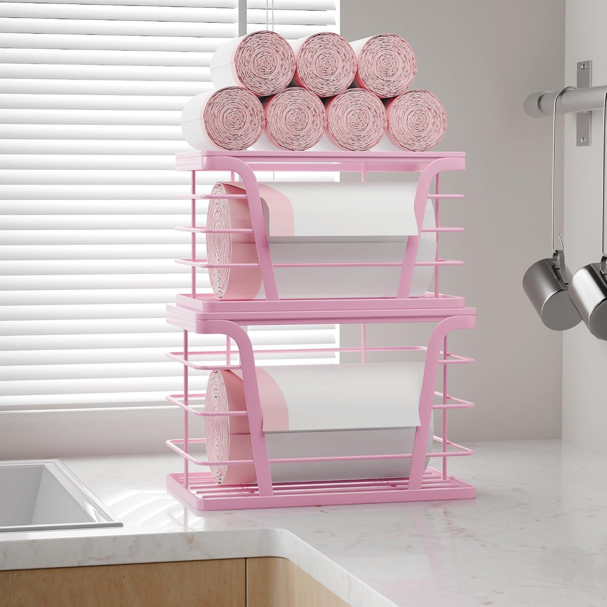 TIDIIABODE 2 Pack Pink - Stackable Garbage Bag Dispenser with Bamboo Top, Kitchen Accessories & Decor, Wall Mount Storage for Kitchen, Home, Bathroom Decor & Gifts