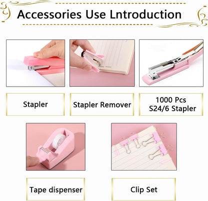 Office Supplies,Pink Desk Accessories, Stapler and Tape Dispenser Set for Women with Stapler,Tape Dispenser,Staple Remover,Staples,Clips,Scissors and Tabs,Gift for Students,Coworkers,Teacher,Business