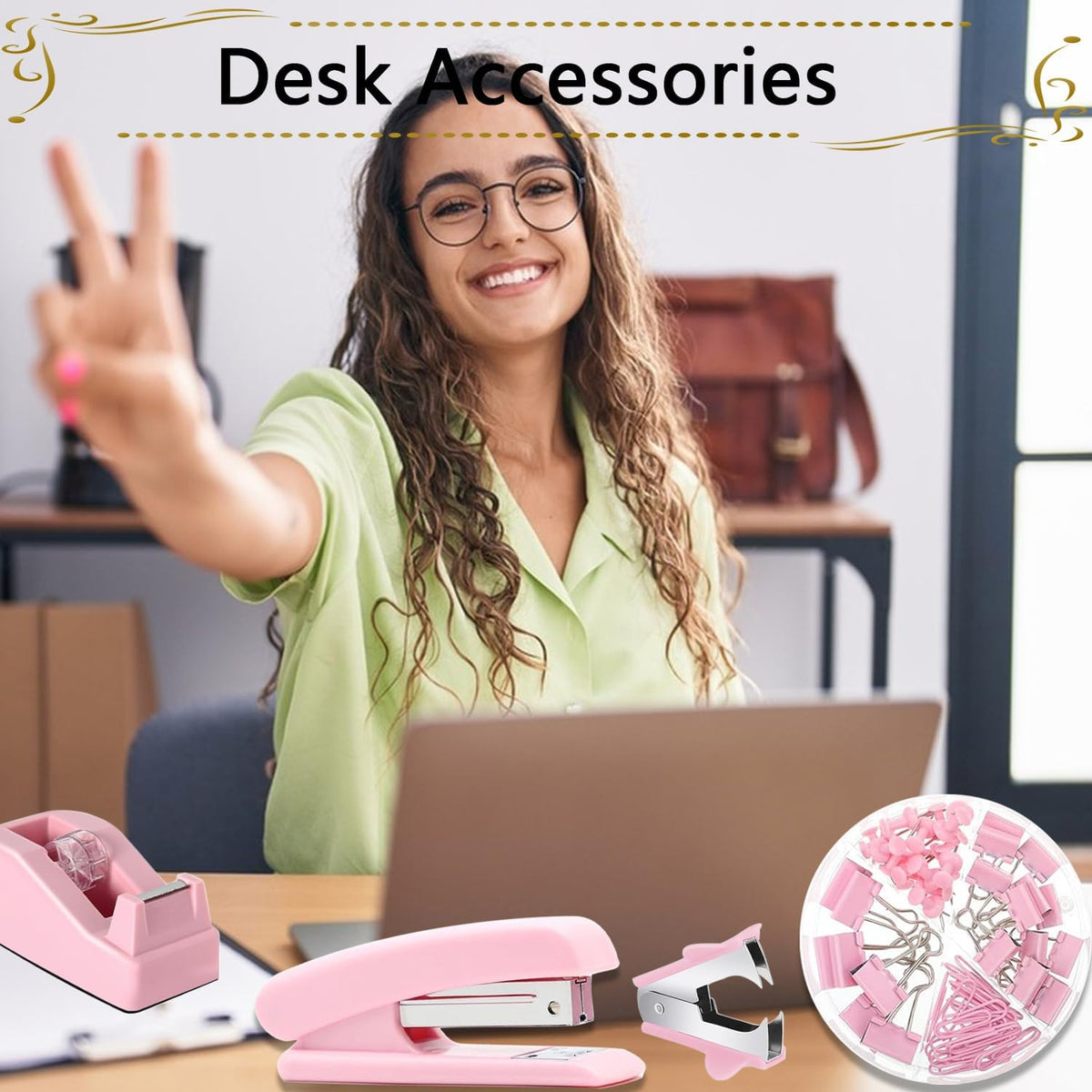 Office Supplies,Pink Desk Accessories, Stapler and Tape Dispenser Set for Women with Stapler,Tape Dispenser,Staple Remover,Staples,Clips,Scissors and Tabs,Gift for Students,Coworkers,Teacher,Business