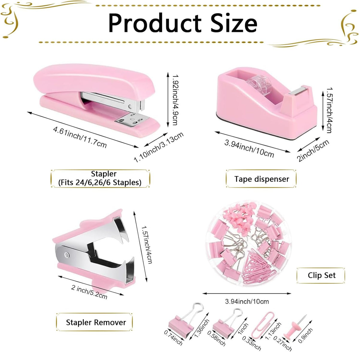 Office Supplies,Pink Desk Accessories, Stapler and Tape Dispenser Set for Women with Stapler,Tape Dispenser,Staple Remover,Staples,Clips,Scissors and Tabs,Gift for Students,Coworkers,Teacher,Business