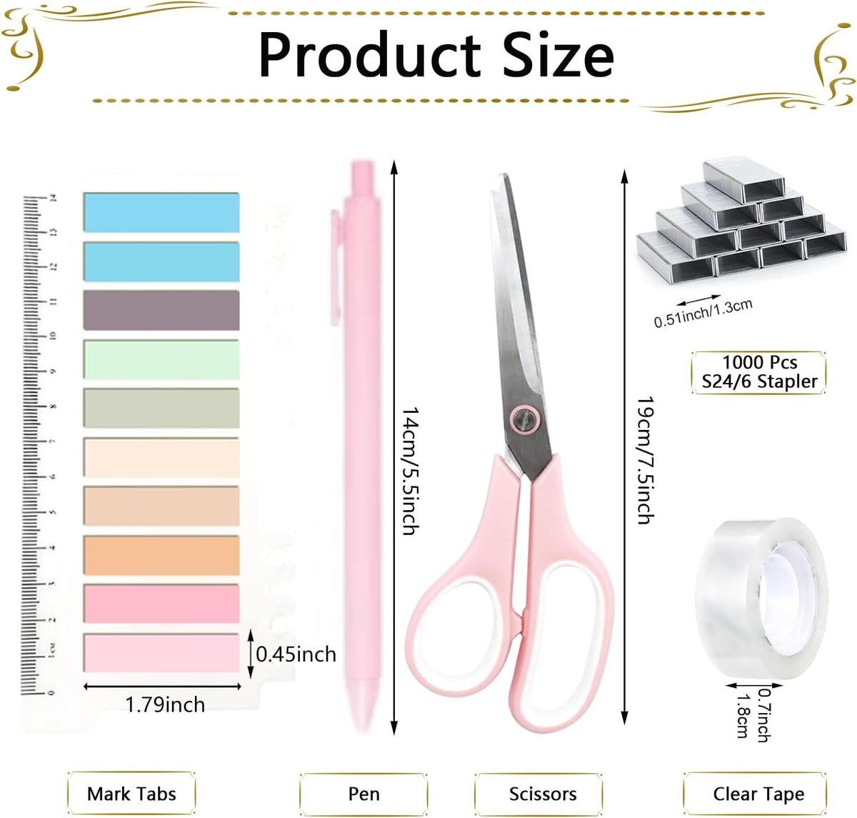 Office Supplies,Pink Desk Accessories, Stapler and Tape Dispenser Set for Women with Stapler,Tape Dispenser,Staple Remover,Staples,Clips,Scissors and Tabs,Gift for Students,Coworkers,Teacher,Business