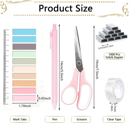 Office Supplies,Pink Desk Accessories, Stapler and Tape Dispenser Set for Women with Stapler,Tape Dispenser,Staple Remover,Staples,Clips,Scissors and Tabs,Gift for Students,Coworkers,Teacher,Business