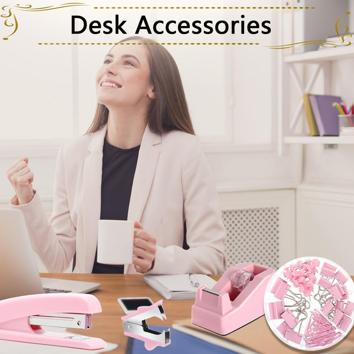 Office Supplies,Pink Desk Accessories, Stapler and Tape Dispenser Set for Women with Stapler,Tape Dispenser,Staple Remover,Staples,Clips,Scissors and Tabs,Gift for Students,Coworkers,Teacher,Business