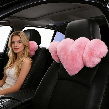 2 Pack Heart Shaped Plush Car Neck Pillows, Soft Pink Headrest Cushion for Driving Travel Office Chair, Cute Car Interior Decor Accessories for Women Girls（Pink）