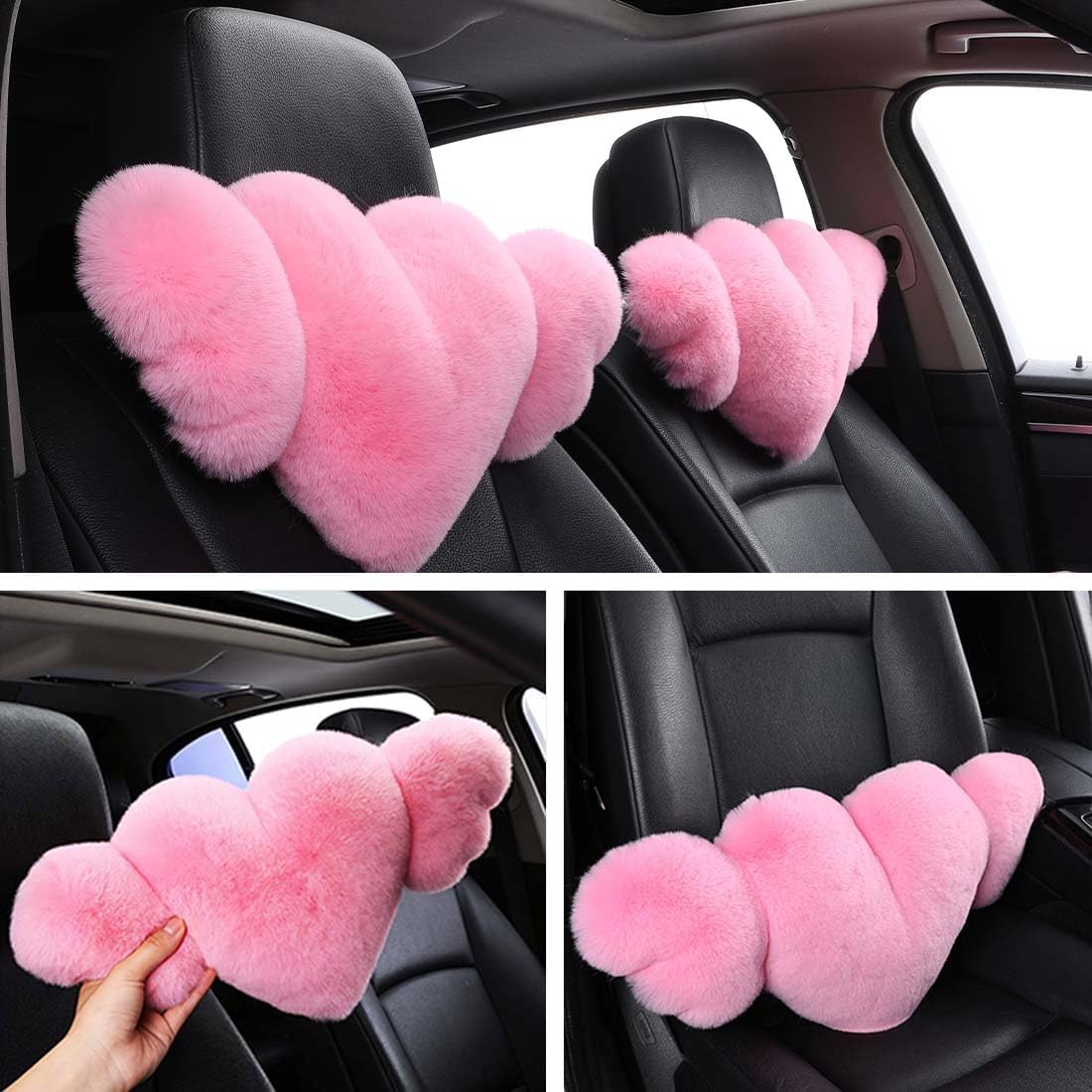 2 Pack Heart Shaped Plush Car Neck Pillows, Soft Pink Headrest Cushion for Driving Travel Office Chair, Cute Car Interior Decor Accessories for Women Girls（Pink）