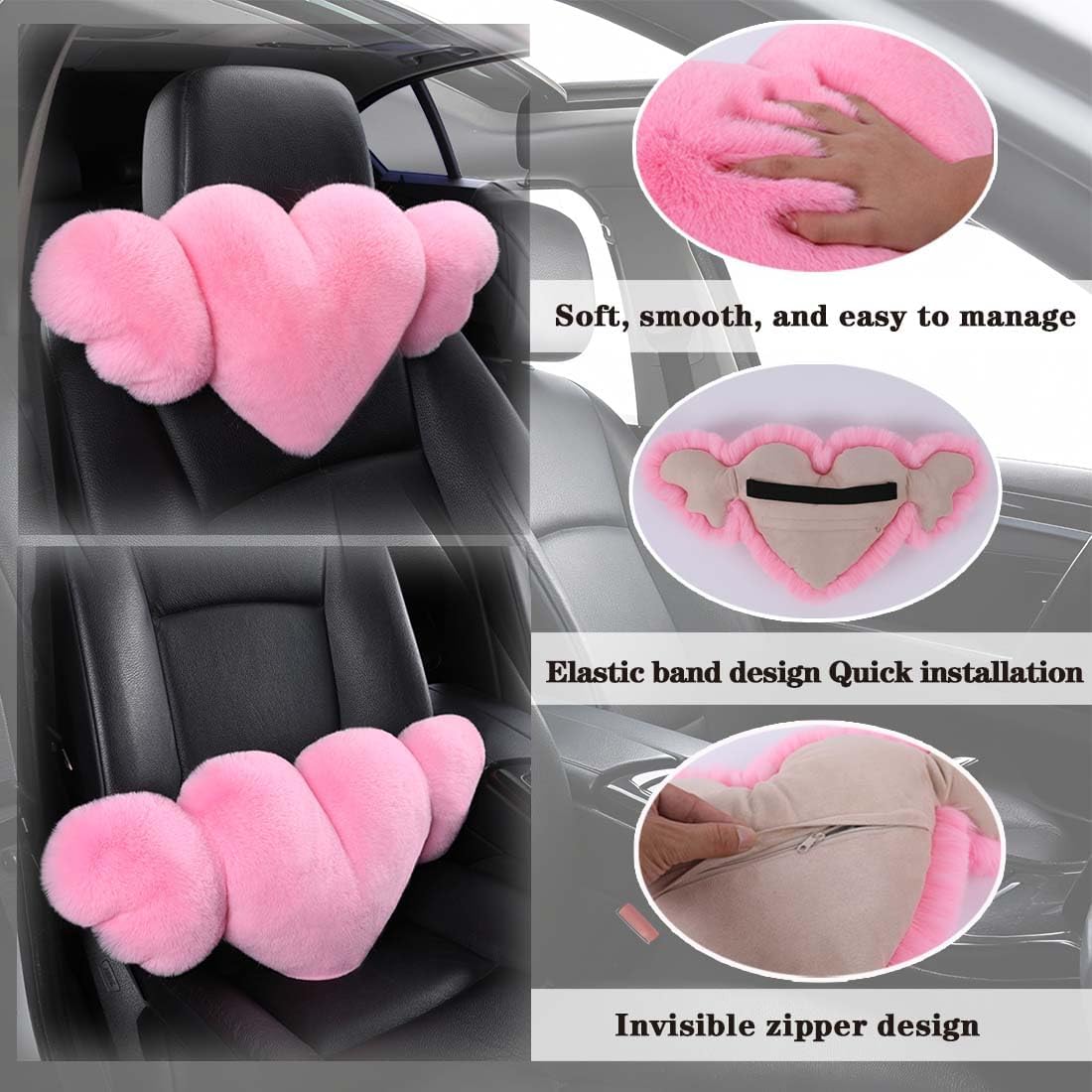 2 Pack Heart Shaped Plush Car Neck Pillows, Soft Pink Headrest Cushion for Driving Travel Office Chair, Cute Car Interior Decor Accessories for Women Girls（Pink）