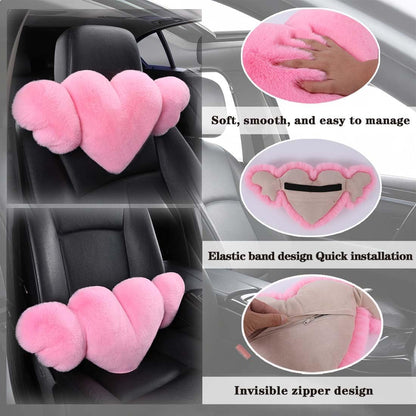 2 Pack Heart Shaped Plush Car Neck Pillows, Soft Pink Headrest Cushion for Driving Travel Office Chair, Cute Car Interior Decor Accessories for Women Girls（Pink）