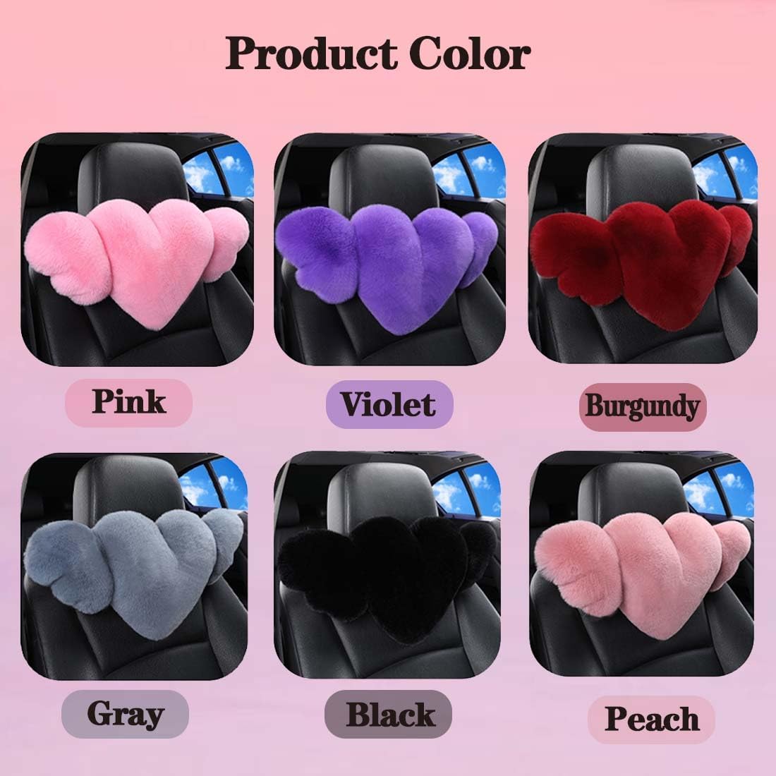 2 Pack Heart Shaped Plush Car Neck Pillows, Soft Pink Headrest Cushion for Driving Travel Office Chair, Cute Car Interior Decor Accessories for Women Girls（Pink）