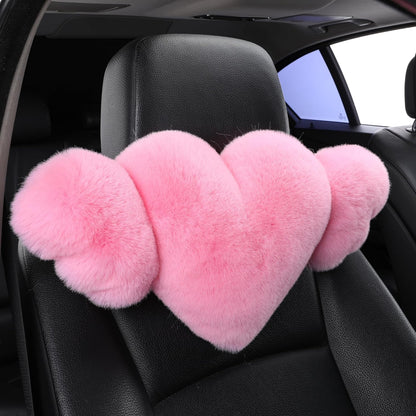2 Pack Heart Shaped Plush Car Neck Pillows, Soft Pink Headrest Cushion for Driving Travel Office Chair, Cute Car Interior Decor Accessories for Women Girls（Pink）